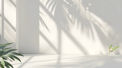Abstract white studio background for product presentation Empty room with shadows of window and flowers and palm leaves  3d room with copy space Summer concert Blurred backdrop : Generative AI
