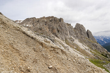 Beautiful Nature Mountain Scenery. Dolomite mountains Italy. Aerial view of the village of san martino di castrozza dolomites trentino. Rough and steep rock. At Gardena Valley in South Tyrol, Italy