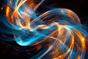 Abstract digital image depicting dynamic blue and orange electric energy currents intertwined, creating a vibrant and lively visual effect