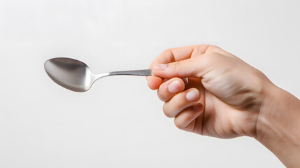 Female Hand Holding A Silver Stainless Spoon Closeup Photo Isolated On White Background : Generative AI