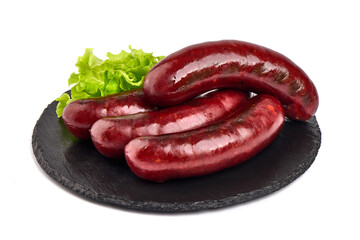 German grilled pork sausages with lettuce, close-up, isolated on white background