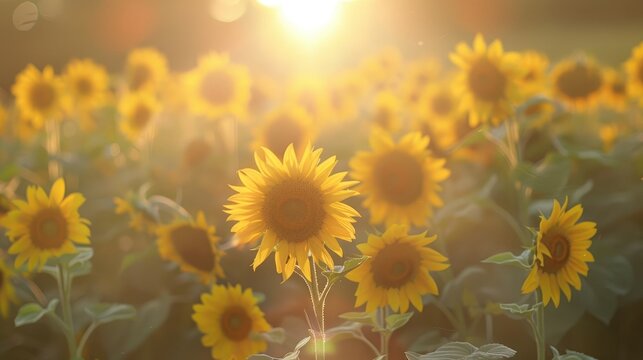 Bright sun illuminates a summer nature of sunflower field
