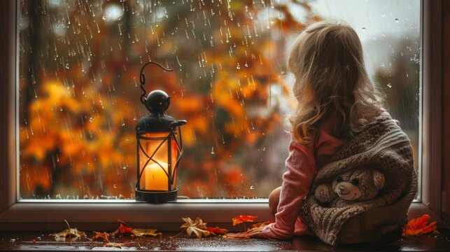 Back view of a little child sitting by window with lantern and beautiful Autumn foliage