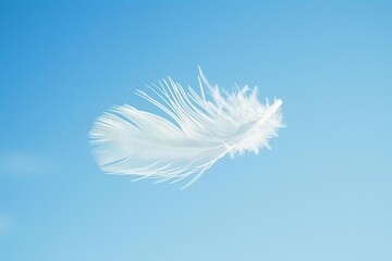 ethereal feather floating against clear blue sky abstract background