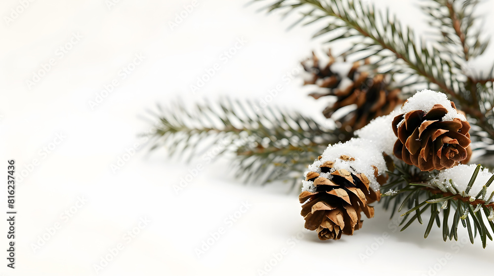 Poster branches green spruce with cones on snow on white background : generative ai