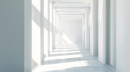 Fototapeta premium Interior of empty spacious loft hallway with geometrical shadows and sunlight on white walls : Generative AI