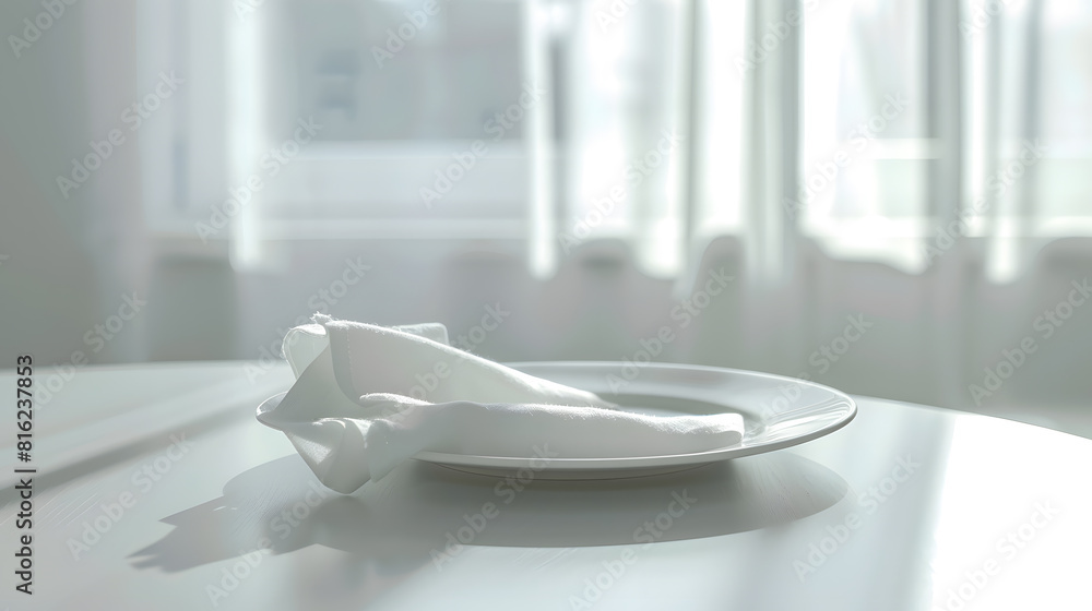 Poster empty plate and napkin on white table indoors : generative ai