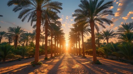 Obraz premium Palm tree garden view at sunset