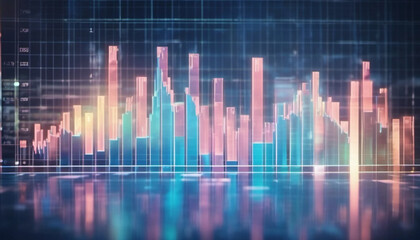 Fototapeta premium Colorful hologram of vertical charts in modern space.