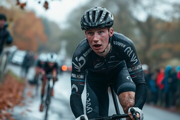 Cyclist racing in wet conditions