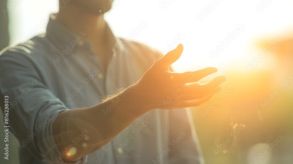 Poster The man is standing and shows an outstretched hand with an open palm Businessman showing empty hand and presenting with hand empty copy space Open hand Holding giving showing presentin : Generative AI