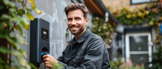 man electrician smiling and installing a home charging , installing charging station for electric car