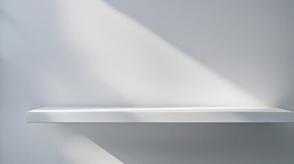 Empty white shelf horizontal background Minimalist table top with empty space front view Blank pedestal for presentation product blurred sunlight and shadow on wall background : Generative AI
