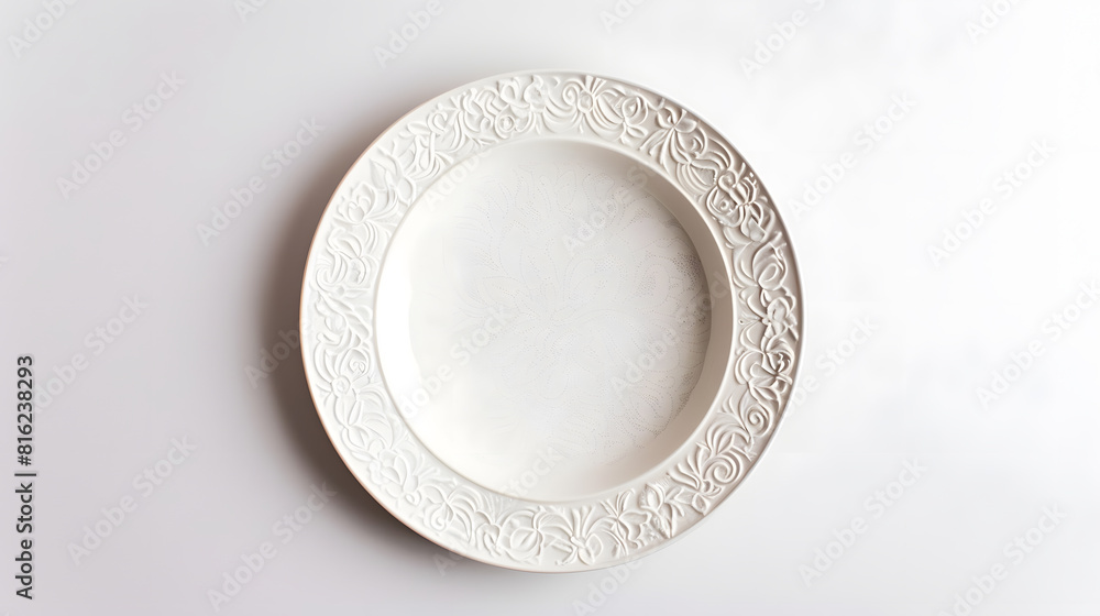 Poster empty vintage porcelain plate cutout textured white dish with a floral pattern isolated on a white b