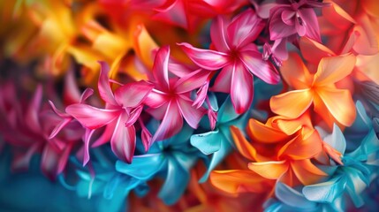 Illustration of Hawaiian flowers and leaves with blurred sunrise background with copy space. AI generated