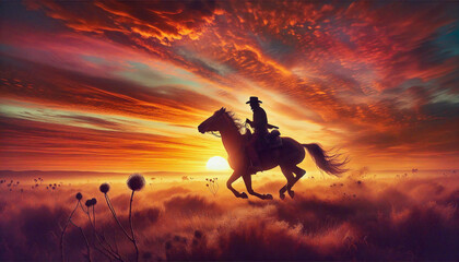 Rider on Galloping Horse in Vibrant Desert Sunset Landscape. Western Motive