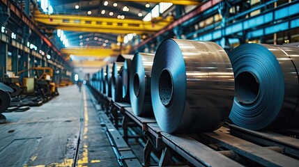 Packed rolls of steel sheets, cold rolled steel coils in factory warehouse
