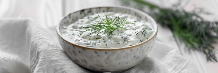 Dill sauce in bowl, tzatziki greek dip, tarator, cacik or tartar with lemon, dill dressing, mayo, yogurt cream