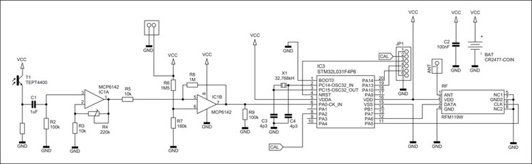 Schematic diagram of electronic device.
Vector drawing electrical circuit with 
operational amplifier, resistor, capacitor,
integrated circuit, photo transistor, 
other components on white background