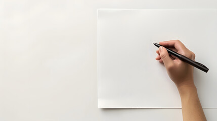 Top view shot of businesswomans hand holding a pen while sitting at desk and writing something on the blank paper Isolated on white background : Generative AI