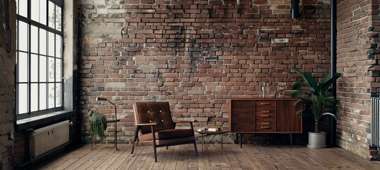 Loft interior mock up photo. Brown red brick wall with leather sofa and minimalist wooden table. Background photo with copy space for text. Vertical shot