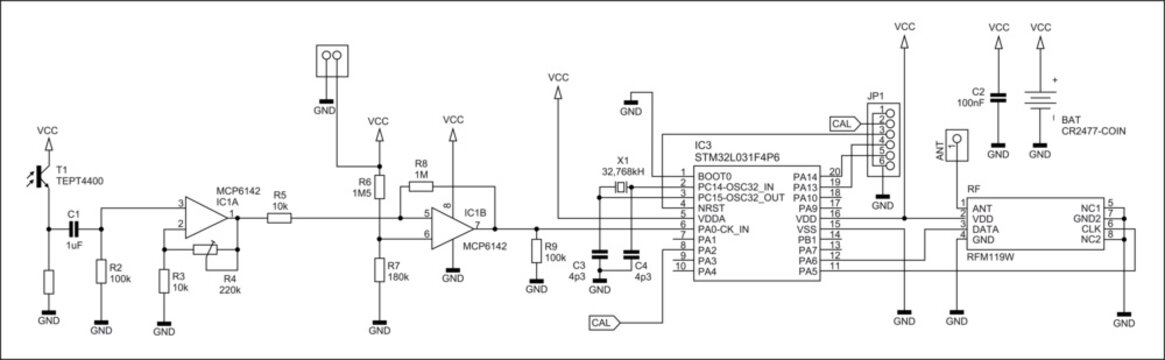 Schematic diagram of electronic device.
Vector drawing electrical circuit with 
operational amplifier, resistor, capacitor,
integrated circuit, photo transistor, 
other components on white background