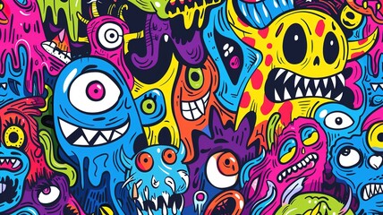 Fototapeta premium Abstract graffiti cartoon monsters, Hand drawn doodle pattern