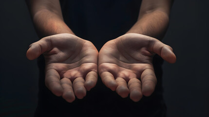 Give two hands with nothing on both on dark background with copy space Closeup receiving gesture of outstretched cupped empty open hands Concept of giving donation receiving asking and : Generative AI