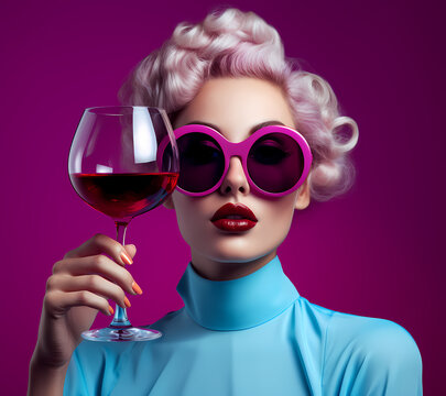 Elegant retro-styled lady holding a wine glass with dramatic aesthetics on purple background