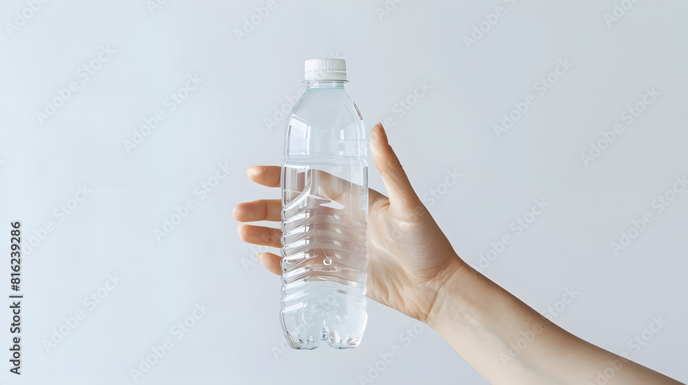 Poster a hand holding something like a bottle or smartphone on white backgrounds isolated : generative ai