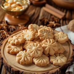 Nut cookies, walnut biscuits, butter cookies, crackers pile in shape of flowers, snowflakes, stars, round shortbread