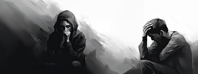 A black-and-white image of two people in depression, sitting apart. It symbolizes emotional pain and isolation. Can be used for articles on psychology and mental health