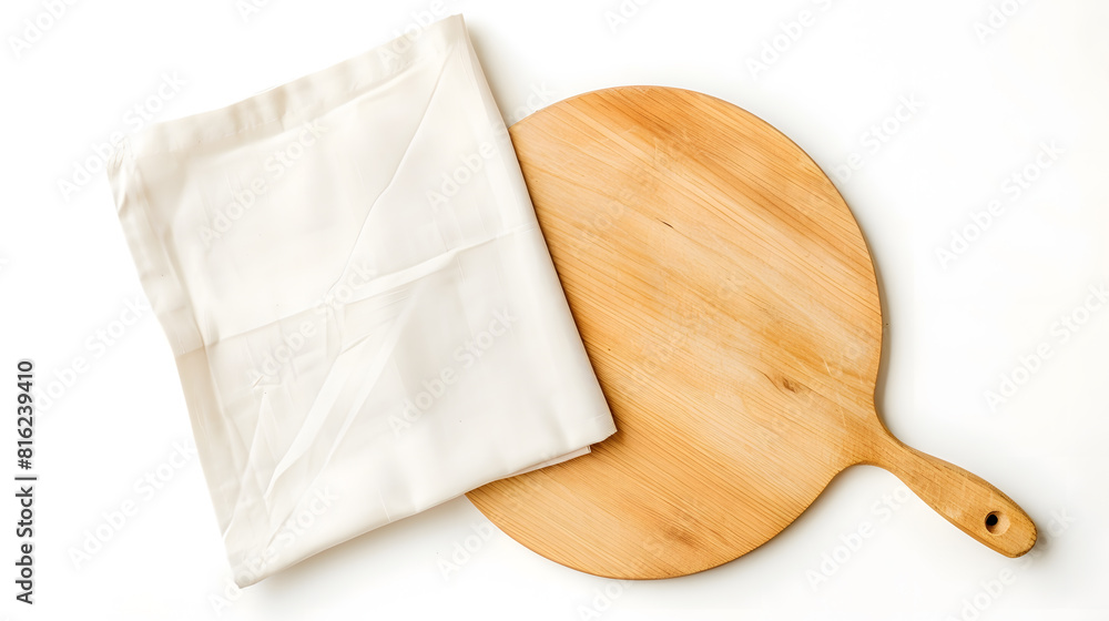 Poster empty pizza board and napkins top view isolated on white : generative ai
