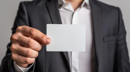 Entrepreneur holding empty card on white backdrop