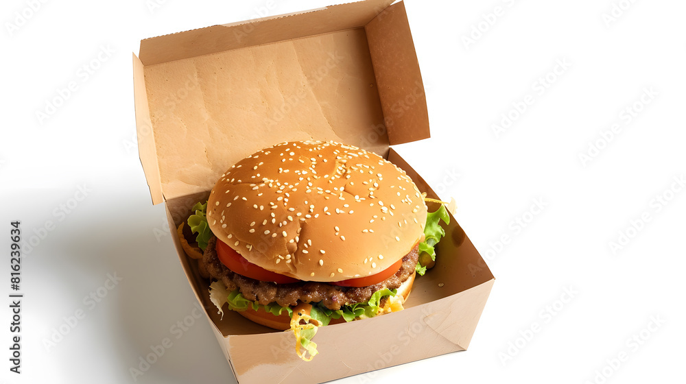 Poster open empty brown paper burger box isolated on white : generative ai