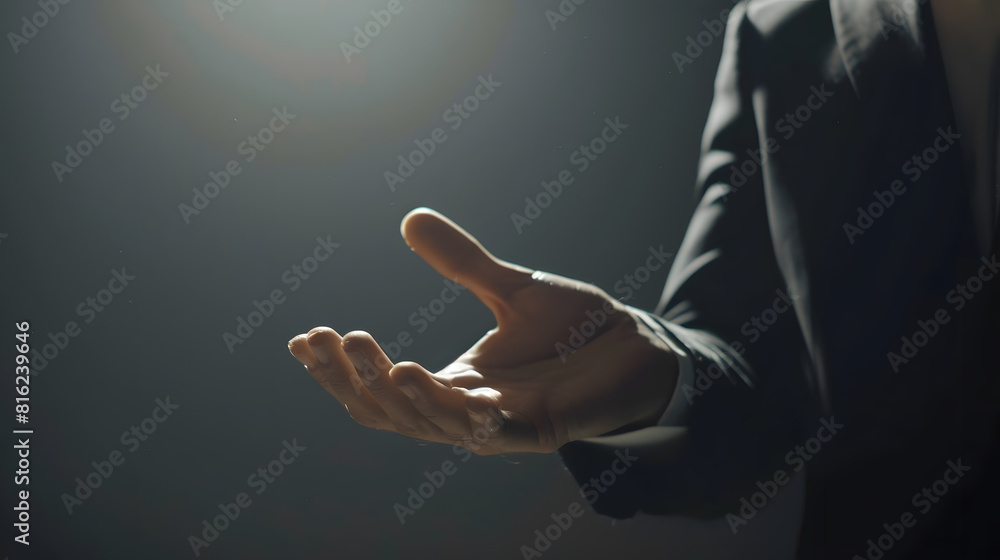 Aufkleber The man is standing and shows an outstretched hand with an open palm Businessman showing empty hand and presenting with hand empty copy space Open hand Holding giving showing presentin : Generative AI