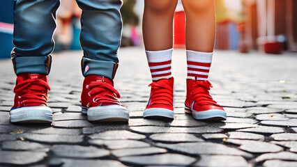 Fototapeta premium Playful Steps - Kid with Mismatched Socks and Red Sneakers Outdoors