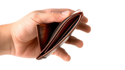 Man hand open an empty wallet isolated on white background with clipping path : Generative AI