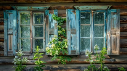 old country windows. Russia. windows in the wall of old logs, with shiny glass, green flowers behind