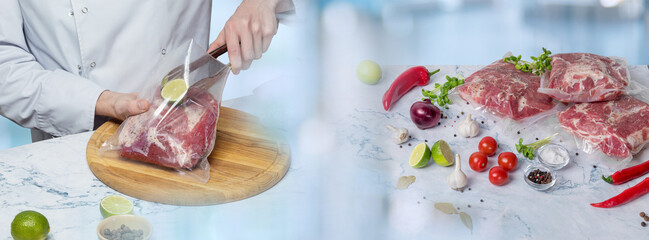 Meat cooking concept using vacuum packaging .