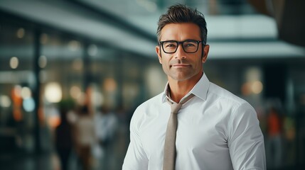 Fototapeta premium Profile picture of smiling young Caucasian businessman in suit and glasses pose in modern office. Headshot portrait of happy confident successful male boss or CEO at workplace. Employment concept.