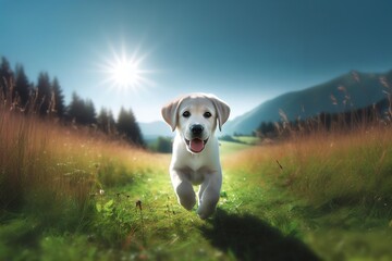  a labrador retriever dog  of a joyful golden retriever running towards the viewer in a grassy...