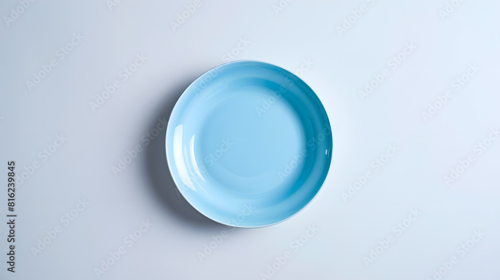 Poster top view of empty blue porcelain plate on white background : generative ai