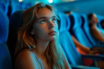 A beautiful woman is watching a movie in the cinema