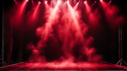  Free stage with lights and smoke, Empty stage with red spotlights, censer, show, party, Presentation concept. Red spotlight strike on black background 