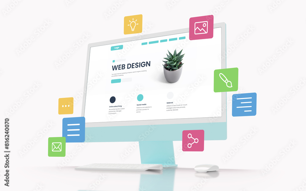 Poster Modern computer display with a web design page on the screen, surrounded by colorful flying web design icons