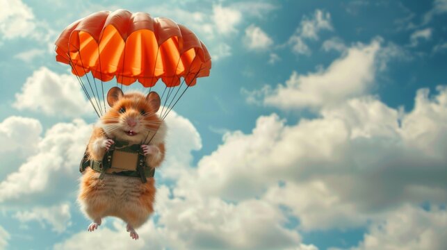 Cute hamster with parachute in sky. 3D vector illustration.