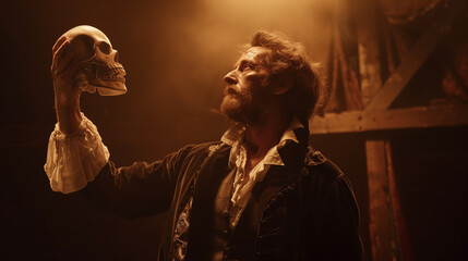 A dramatic portrayal of Hamlet holding a skull on stage, featuring intense lighting, Elizabethan costume, and a dark, moody background, capturing a classic scene.