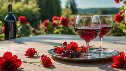 glass with red wine, flowers on the table in nature romance