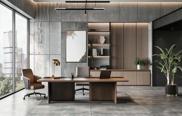 A modern office space featuring sleek design with horizontal lines on the ceiling, glass partitions, and a well-lit conference area with dark chairs